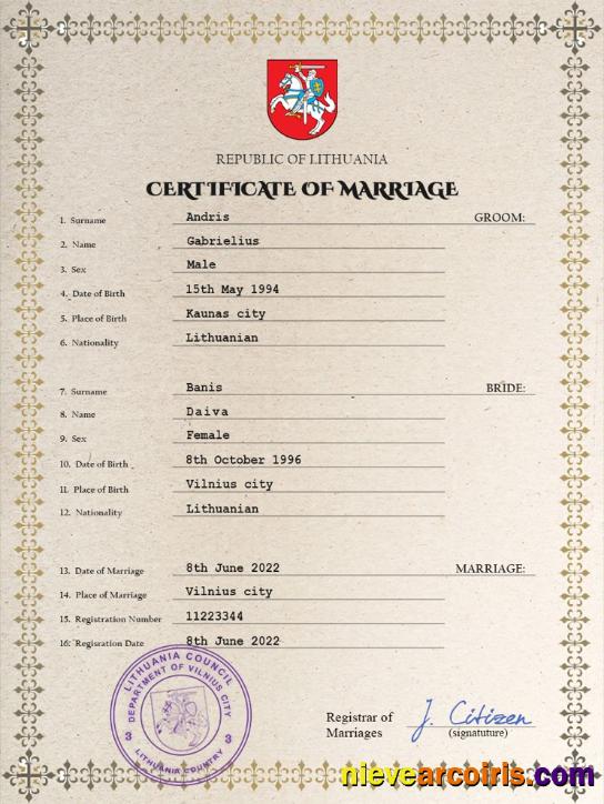 Lithuania marriage certificate